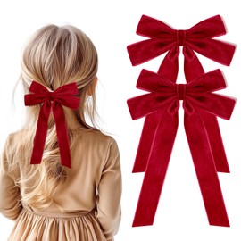 2PCS Red Hair Bows Soft Velvet Bow Hair Clip with Long Tail Hair Accessories for Women Girls Toddlers