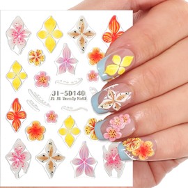 Flower Nail Stickers for Nail Art 5D Embossed Hibiscus Nails Stickers Decals White Pink Yellow Lily Floral Summer Spring Flower Nail-Art Supplies for Women Girls Nails Art Decorations