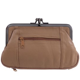 Oakridge Leather Ladies Double Clasp Coin Purse with Space for Credit Card - Fudge