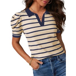 Dokotoo Womens Tops Casual Spring Summer 2024 Collared T Shirts V Neck Blouse Dressy Puff Short Sleeve Shirts Knit Tops Apricot Blue Stripes Shirts for Women Business Casual Polo Shirts Stripe XL