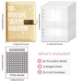 100 sobres de ahorro de dinero, carpeta de presupuesto con sobres de efectivo, con bloqueo codificado, libro de desafíos de ahorro, para ahorrar $5.050 planificador de presupuesto (amarillo)