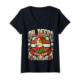 Womens Jack Russell Terrier Oh Deer Christmas Dog Santa Claus Elf V-Neck T-Shirt