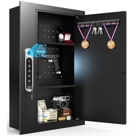 19.7" Tall Biometric Wall Safe Between 16" Studs, Fingerprint & Keypad Safe with Removable Pegboard & Shelves and Auto-Open Door, Wall Mounted Hidden In Wall Safes for Home
