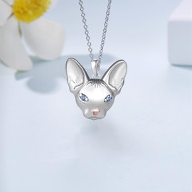 qielizhu Sphynx Cat Necklace 925 Sterling Silver Cute Hairless Cats Pendant Necklaces for Women Sphynx Cat Gifts