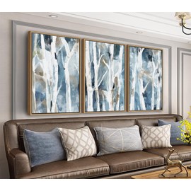 arteWOODS Birch Framed Wall Art - Abstract Blue Brown Forest Canvas Pictures Wall Decor Modern Tree Landscape Painting Artwork Prints for Living Room Bedroom Decor 24 x 16in * 3 Natural Wood Frame