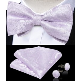 DiBanGu Silk Bow Ties for Men Paisley Pre-tied Bowtie and Pocket Square Cufflinks Lapel Pin Set Wedding Party Formal, Lilac