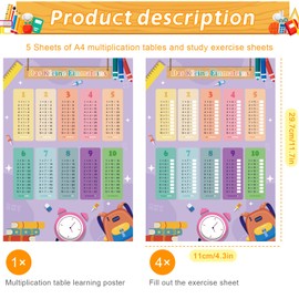 Hpbaggy Children's 1 x 1 Learning Poster with 4 x Exercise Sheets, Multi-Time Table for Playful Calculation, Multi-Tone Trainer for Children, Learning Poster Primary School Maths 1st and 2nd Grade