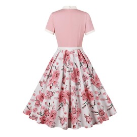 50s Style Dresses for Women Vintage Short Sleeve Tie Neck Swing Dress Midi Prom Dress with Belt Tea Party Evening Dress Audrey Hepburn Dress for Cocktail Work Party Homecoming Pink- Floral S