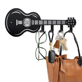 MAYJOYDIY Music Guitar Metal Key Hook Instrument Coat Hook Wall Mounted 15.7×6.3inch Black Wall Art Decor Key Holder with 4 Hooks for Gift Coats Hats Towels Bags Hanging