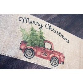 Vintage Red Truck Merry Christmas burlap table runner