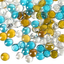 VIOCIWUO Flat Glass Marble 1LB, 100PCS Mixed Color Glass Gems Pebbles for Floral Arrangements Vases Flat Bottom Gems Aquarium Fish Tank Pebbles Vase Filler Decor(Transparent, Blue, Yellow)