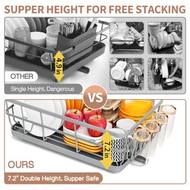 Dish Drying Rack for Kitchen Counter, Large Dish Drying Racks with Drainboard, Kitchen Sink Dish Rack, Countertop Dish Drainer Rack with Cup & Cutlery Holders, Dish Dryer Rack 16.5*12.4*8.3 Gray