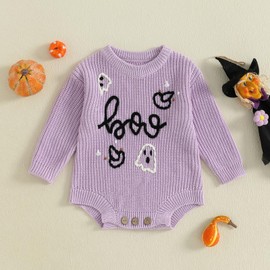 Newborn Baby Girl Boy Sweater Romper Long Sleeve Round Neck Solid Color Knit Bodysuit Clothes (Purple Boo, 3-6 Months)