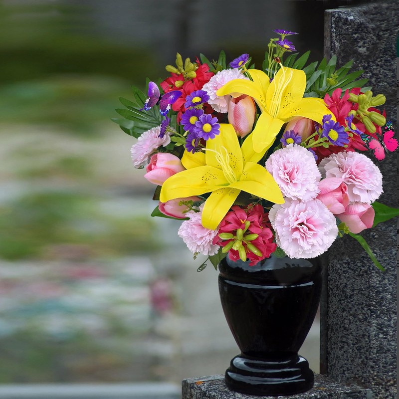 Saxili Artificial Cemetery Flowers for Grave,Memorial Flowers with Headstones Vase