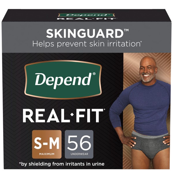 Depend Real Fit Incontinence Underwear for Men, Disposable, Maximum Absorbency, Small/Medium, Black, 56 Count (2 Packs of 28), Packaging May Vary