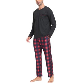 MoFiz Men's Pajama Set 2 Piece Lounge Wear Set Winter Christmas Pjs Plaid Long Sleeve Sleep Set Soft Warm Couple Pajamas Matching Set with Pockets XL