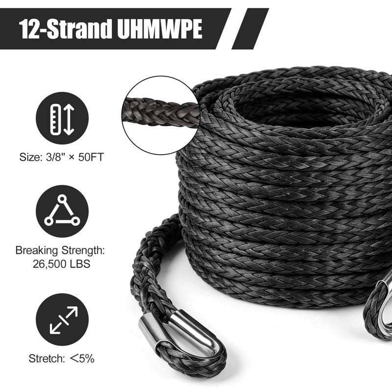 3/8 inch Synthetic Winch Rope, 26,500 Lbs Breaking Strength Winch