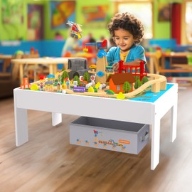 Orbrium 2-in-1 Wooden Train Table Set – 112 Pcs STEM Toy with Reversible Play & Bilingual Learning Top, Storage Bin – Compatible with Thomas, Brio, Melissa & Doug Ages 3–5