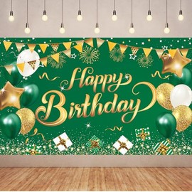 6x3.6FT Green Gold Birthday Banner Party Decorations,Green Gold Happy Birthday Backdrop Decorations,Green Gold Happy Birthday Photography Background Party Supplies.