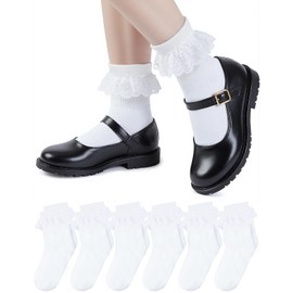 HONGTEYA 6 Pairs Girls White Ruffle Socks School Uniform Dress Socks for Kids Seamless Crew Ankle Cotton Size 4-14 Years (US, Age, 6 Years, 8 Years, Lace)