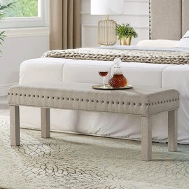 24KF Upholstered Linen Bed Bench with Nail Head Trim,Padded Tufted Bench -Dark Gray