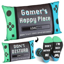 Gamer Gifts for Teenage Boys, Gaming Room Decor, Easter Basket Stuffers for Teens, Gaming Gifts for Men Dad, Gamer Birthday Gifts for Son Kids Boys, Gamer Socks + Throw Pillow Cover-Green & Blue
