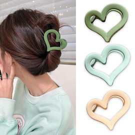 3Pcs Heart Hair Claw Clips for Women, Medium Matte Acrylic Non-Slip Hair Clips for Thin to Thick Hair, Cute Valentine's Day Hair Accessories for Women Girls, Beige Mint Green Green Hairpins