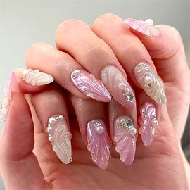 3D Handmade Press on Nails Fake Nails with Charms Pearl Pink Acrylic Nails Almond False Nails Cute Nails Medium Stick on Nails for Women Finger Manicure Nails Press Ons 24Pcs