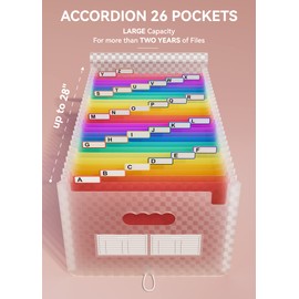ABC life 26 Pockets Accordian File Folder Organizer Letter Size Expanding File Folder, A4 Portable Document Paper School Organizer, Expandable Multicolor Accordion Filing Folders with Labels(Pink)