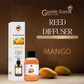 Gazellescents Reed Diffuser Set (Mango) 3.72 Fl. Oz (110ml), with 4 Reed Sticks. for Your Office, Bedroom, Bathroom, Kitchen.Elegant Fragrance for Your Entire Home.A Nice Gift for Your Loved Ones.