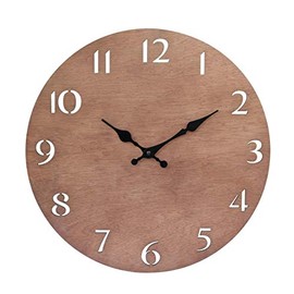 Stonebriar Modern Natural Wood 14 Inch Round Hanging Wall Clock with Cut Out Numbers, Battery Operated, Brown