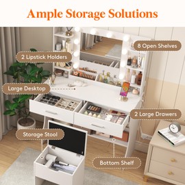 Lifewit Vanity with Mirror and Lights, Adjustable Color/Brightness, 2 Power Outlets/ 2 USB Ports, White Makeup Desk with Storage Stool, 8 Open Shelves, 2 Drawers, 2 Lipstick Holders, Bottom Shelf