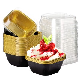 Cupcake Cups with Lids, EUSOAR 8oz 50pcs Disposable Desserts Flan, 3.5"x2.7"x1.6" Baking Cups with Lids, Aluminum Foil Desserts Cupcake Flan, Catering Gathering Shower Favor-Black Gold