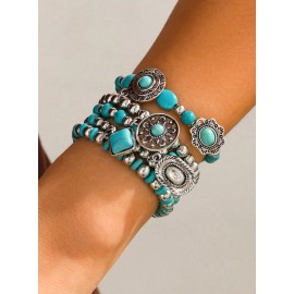 Unbranded Turquoise & Silver Western Stack Bracelets with Charms (5 Pieces)