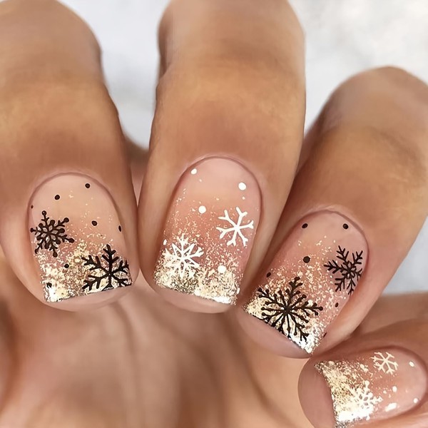 Christmas Short Square Press-On Nails With Snowflake and Gold Glitter