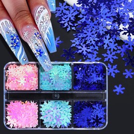 OHWODA Snowflake Nail Glitters for Christmas Day Nail Art Decorations Winter Nail Art Supplies Sequins Blue Pink Snowflake Nail Confetti Cute Christmas Nail Stuff for Women, 6Grids