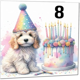 8th Kids Birthday Card - Cute dog watercolour rainbow Birthday Card for 8 Year old Kids eight, eighth