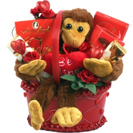 Be My Valentine - Valentines Day Gift Basket For Men Or Women With plush"Be Mine" Monkey, Creamy Fudge, Belgian Truffles, Godiva Chocolates And More. (6 Pounds)
