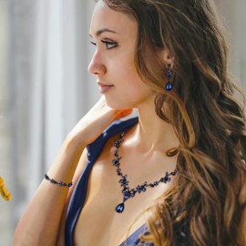 EleQueen Wedding Jewelry Set for Women Bride Bridesmaid, Stunning Marquise Rhinestone Crystal Floral Leaf Vine Pendant Necklace Dangle Earrings Bracelet Set for Prom Party Sapphire Color Black-Tone