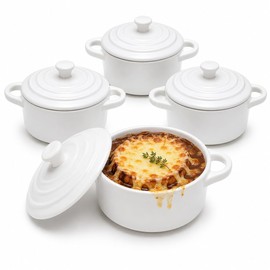 Mini Dutch Oven Set of 4, 14 oz Ceramic Mini Dutch Ovens with Lids and Handles, Ramekins with Lids for French Onion Soup, Pot Pies, Soufflés and Baked Desserts, Oven Safe, Microwave and Dishwasher Safe, Mini Cocotte