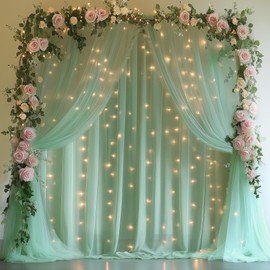 Fomcet Sage Green Backdrop Curtains with Lights String 10X8FT Polyester Fabric & Tulle Curtains Backdrop Drapes for Back Drop Photoshoot Baby Shower Birthday Party Decor 2 Panels 5x8FT
