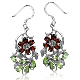 Silvershake Natural Garnet and Peridot 925 Sterling Silver Flower Leaf Dangle Hook Earrings