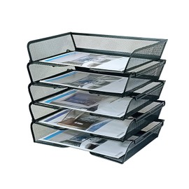 Organizador de escritorio de malla metálica de 5 niveles, bandejas apilables para suministros de oficina, sistema de almacenamiento de archivos negro 