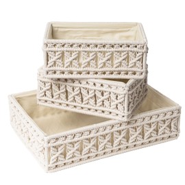 Livalaya Macrame Storage Baskets And Decorative Storage Baskets for Countertop Toilet Paper Basket for Tank Topper for Bathroom Bedroom Nursery Livingroom Entryway ivory Macrame Shelf Basket Set of 3