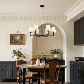 6-Light Black Chandelier for Dining Room Light Fixture 29.9" Modern Farmhouse Chandeliers with Linen Shade Industrial Hanging Pendant Light for Kitchen Island Foyer Entryway Living Room Bedroom, E12