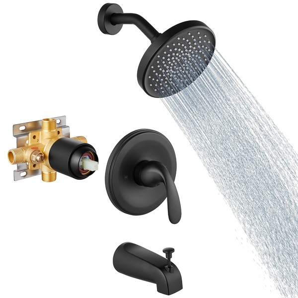 Aolemi 6 Inch Shower Trim Kit Matte Black Wall Mount Tub Shower Faucet Set with Pressure Balance Rough-in Valve with Single-Spray Shower Head and Handle Set 5.3 Inch Tub Spout System