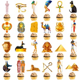 Egyptian Cupcake Toppers 48PCS Egypt Pyramid Party Decorations Ancient Egypt Theme Birthday Decorations Mummies and Sphinx Cupcake Picks for Egyptian Baby Shower Supplies