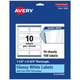 Avery Glossy White Rectangle Labels, Sure Feed Technology, 1.5" x 3.75", 100 Glossy White Labels, Print-to-The-Edge, Permanent Adhesive, Laser/Inkjet Printable