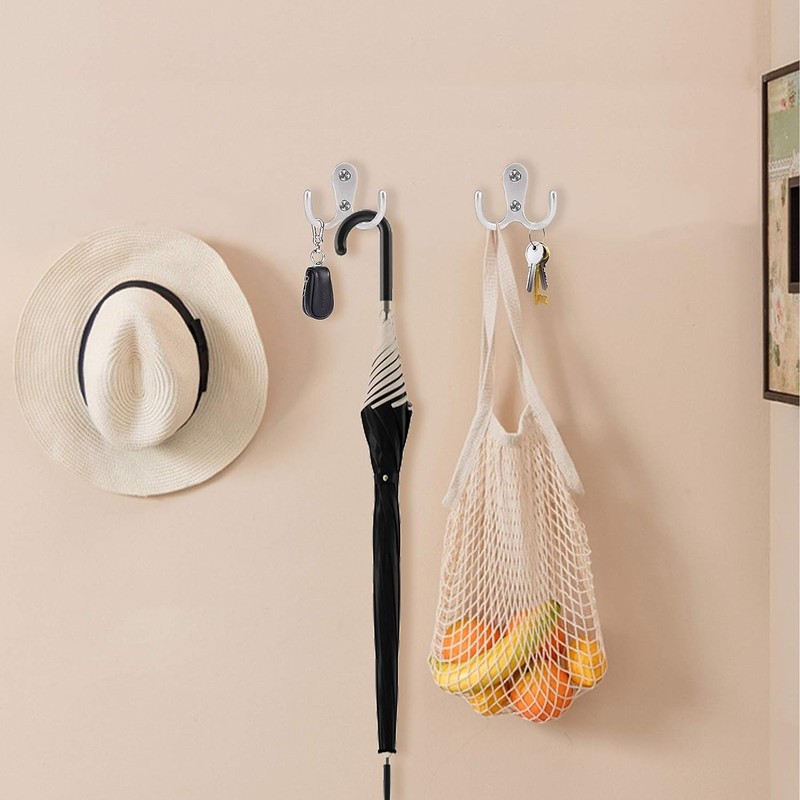 YSDMY Pack of 8 Coat Hooks, Silver, Double Wall Hooks,