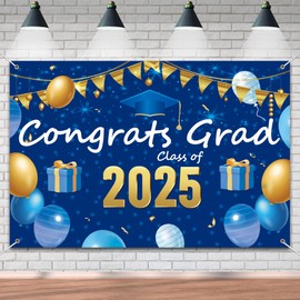 Congrats Grad Class of 2025 Banner Backdrop Blue Theme Graduation Background Decor for University High School Prek Student Graduation Party Celebration Decoration Supplies 72x43in-BECKTEN